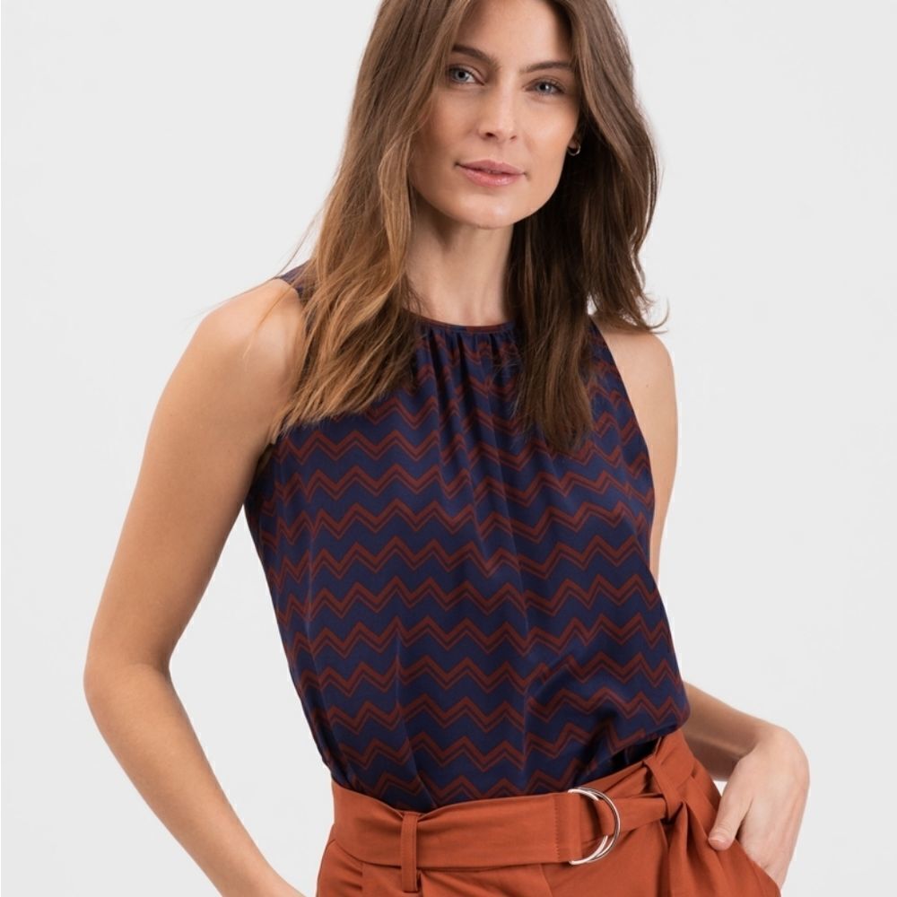 Tucker Shirred Neckline Top Holiday Chevron in Crepe de Chine Silk Blouse